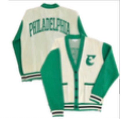 Birds Eco Cardigan | Boathouse Sports: cream & green letterman style with 'PHILADELPHIA' on back, 'E' on front, and striped cuffs.