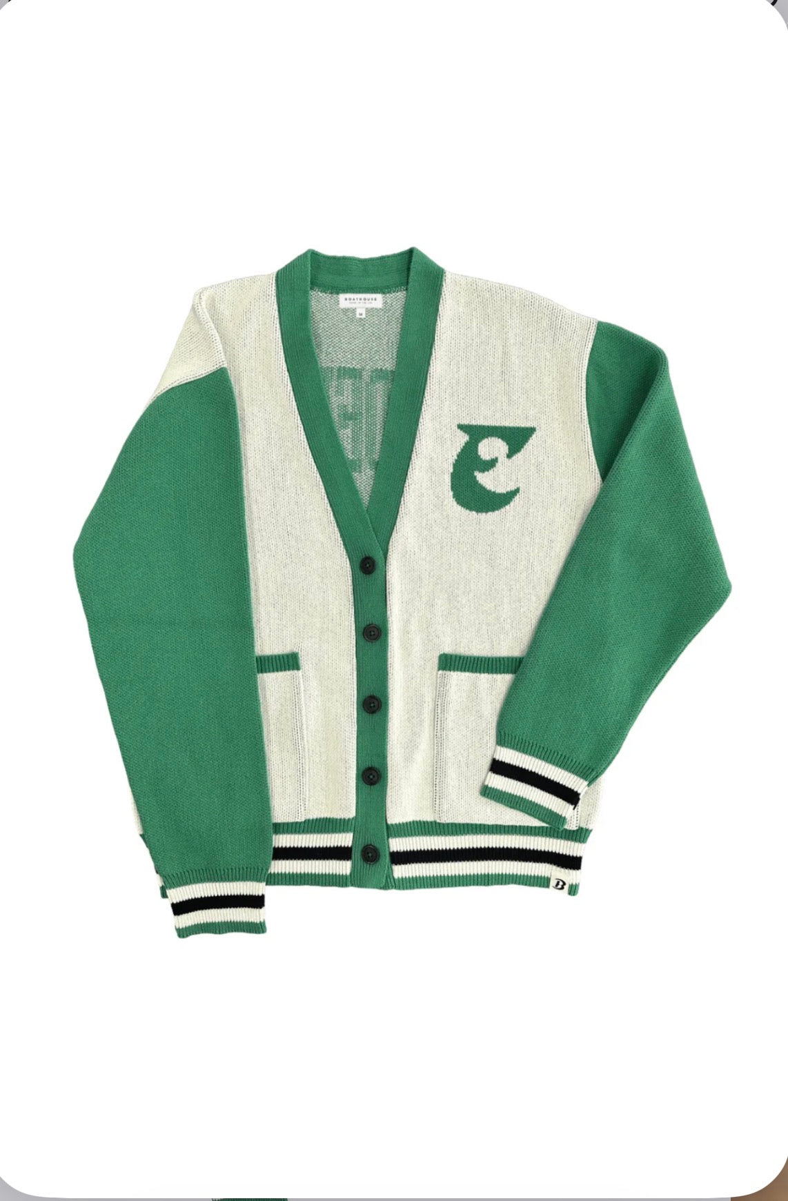 Boathouse Sports Birds Eco Cardigan in green and off-white with an 'E' patch, black buttons, and striped cuffs and hem.