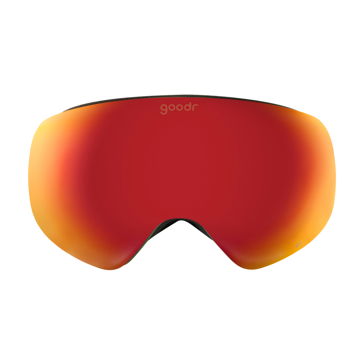 Casual Hot Dogger goodr ski goggles with a vibrant red to orange gradient lens, on a white background.