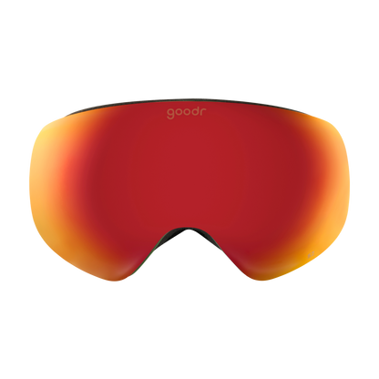 Casual Hot Dogger goodr ski goggles with a vibrant red to orange gradient lens, on a white background.