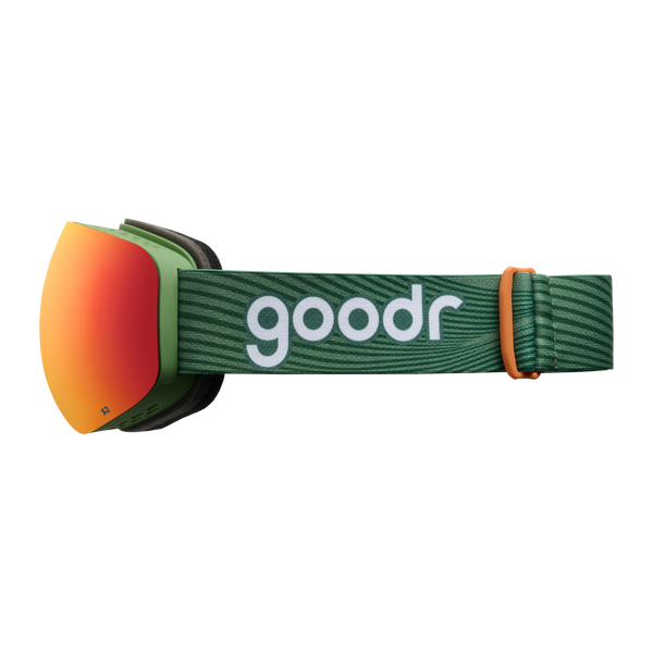 Casual Hot Dogger goodr ski goggles with green frame, orange reflective lenses, and a green strap featuring the goodr logo.