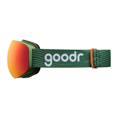 Casual Hot Dogger goodr ski goggles with green frame, orange reflective lenses, and a green strap featuring the goodr logo.