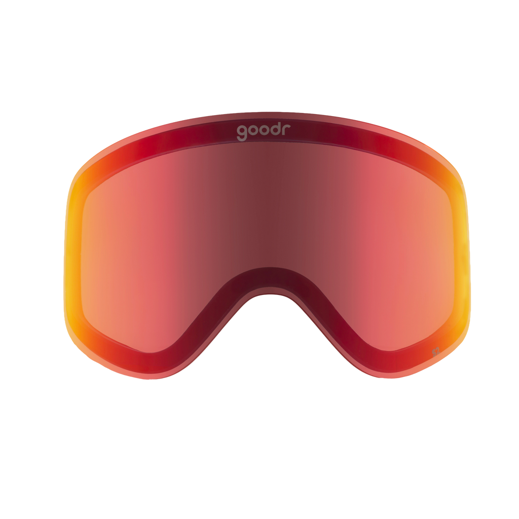 goodr Chili Chill ski and snowboard goggle lens with vibrant red and orange mirrored finish, isolated on white.