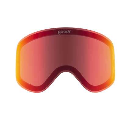 goodr Chili Chill ski and snowboard goggle lens with vibrant red and orange mirrored finish, isolated on white.
