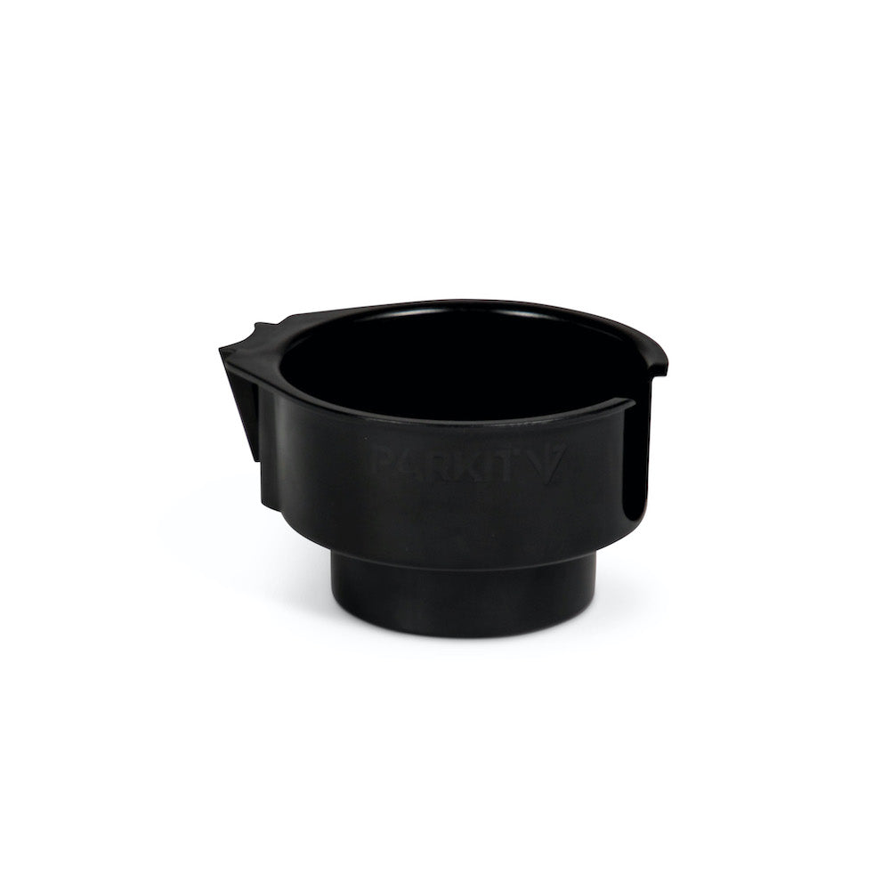 Black plastic Voyager Cup Holder by PARKIT, a versatile accessory for outdoor or vehicle use, on a white background.