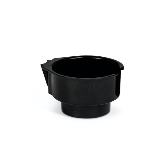 Black plastic Voyager Cup Holder by PARKIT, a versatile accessory for outdoor or vehicle use, on a white background.