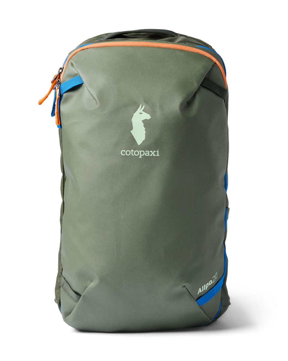 Cotopaxi Allpa Mini 20L Travel Pack in military green with orange and blue accents, featuring the brand logo.