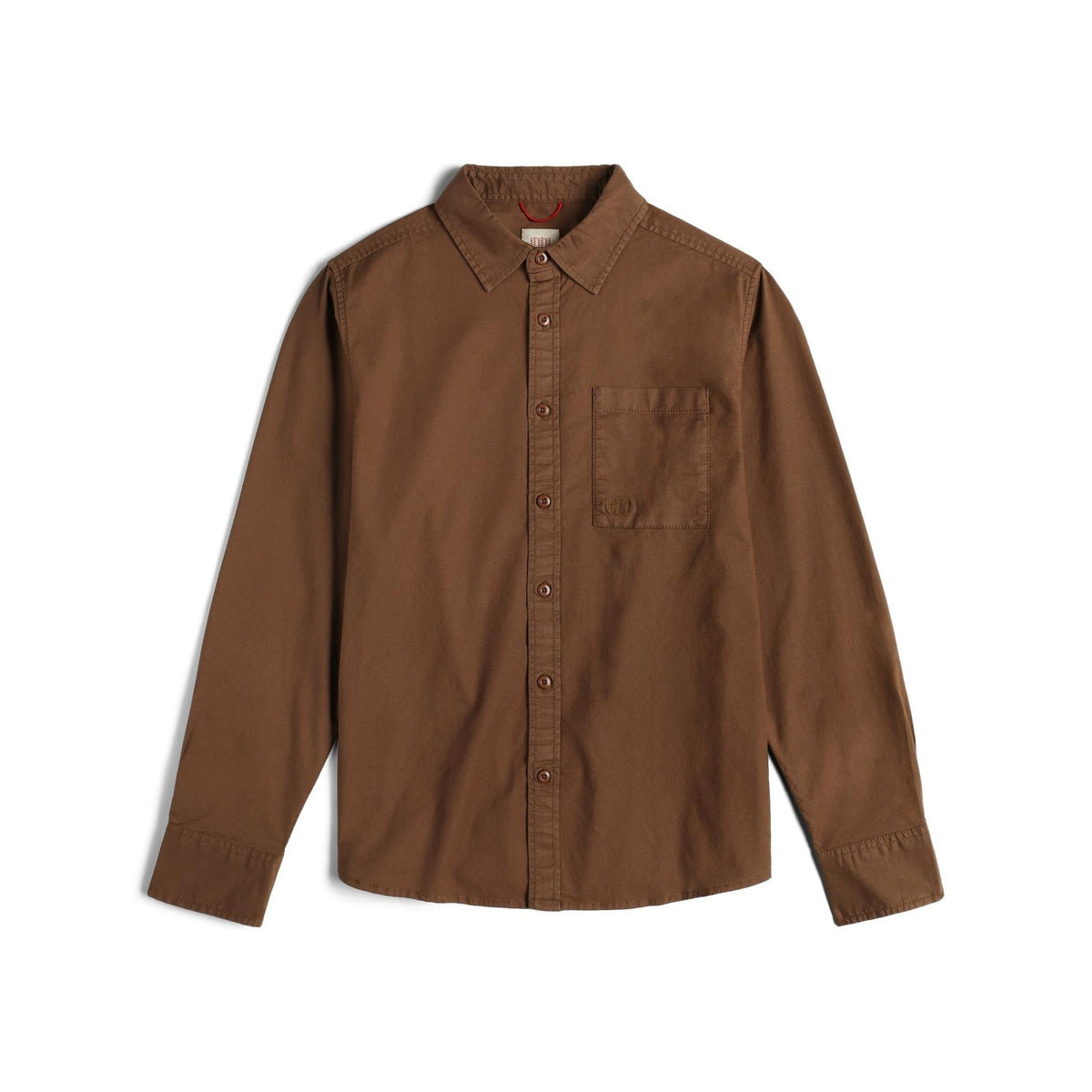 Topo Designs Men's Desert Shirt in brown, a long-sleeve button-up shirt with a chest pocket.