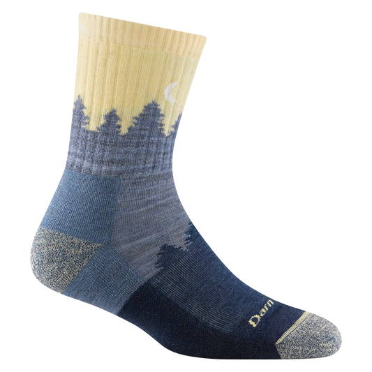 Darn Tough Women's Treeline Micro Crew sock, blue and yellow with a forest tree and crescent moon pattern.