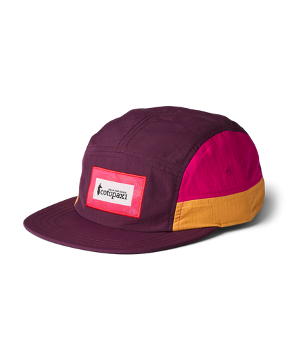 Zen Garden Tech 5-Panel Hat by Cotopaxi. Multi-color design featuring burgundy, bright pink, and gold panels with a logo patch.