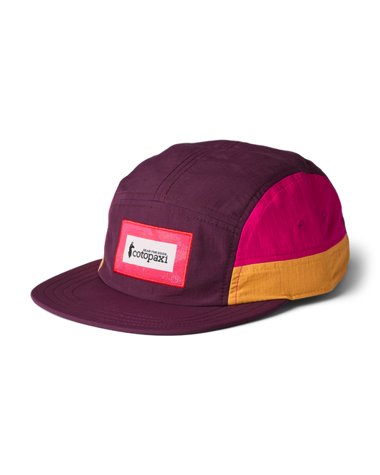 Zen Garden Tech 5-Panel Hat by Cotopaxi. Multi-color design featuring burgundy, bright pink, and gold panels with a logo patch.