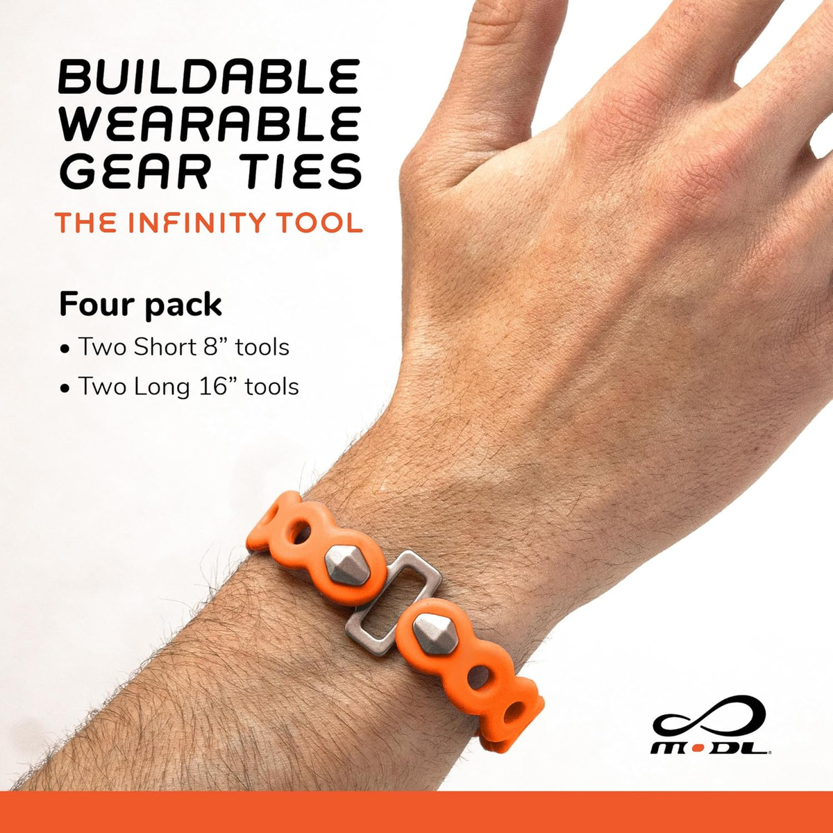 MODL Infinity Tools 4-Pack, orange wearable gear ties on a wrist, two short 8" and two long 16" tools.