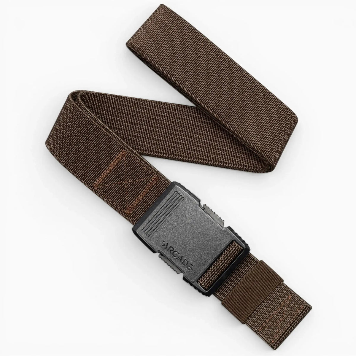 Arcade Hardware Work Belt in brown, featuring a black buckle with the Arcade logo, displayed on a white background.