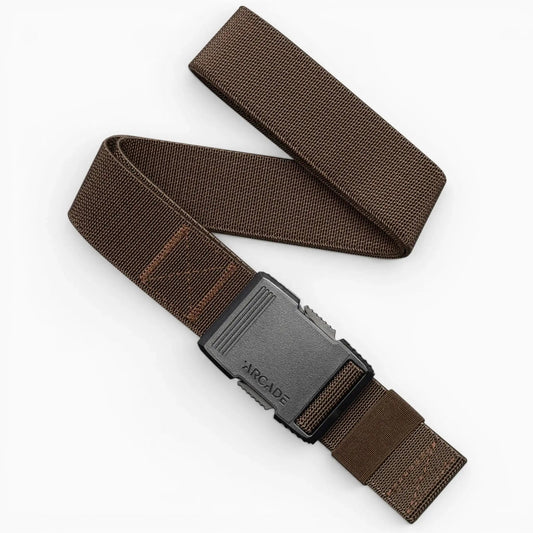 Arcade Hardware Work Belt in brown, featuring a black buckle with the Arcade logo, displayed on a white background.