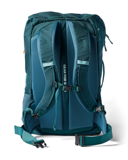 Cotopaxi Allpa 42L Travel Pack, back view showing padded mesh shoulder straps and hip belt in teal.
