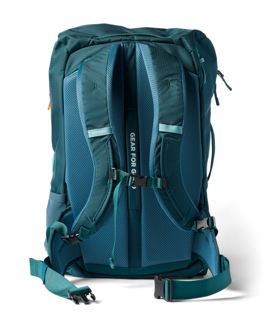 Cotopaxi Allpa 42L Travel Pack, back view showing padded mesh shoulder straps and hip belt in teal.