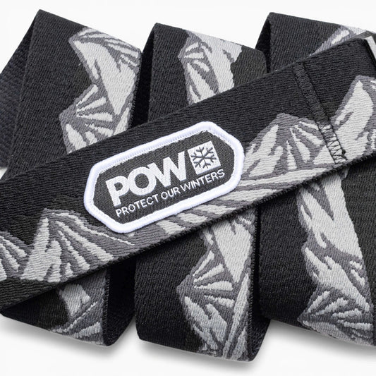 POW x Joseph Toney Belt | Arcade Belts - Black belt with grey mountain pattern and 'Protect Our Winters' logo patch.