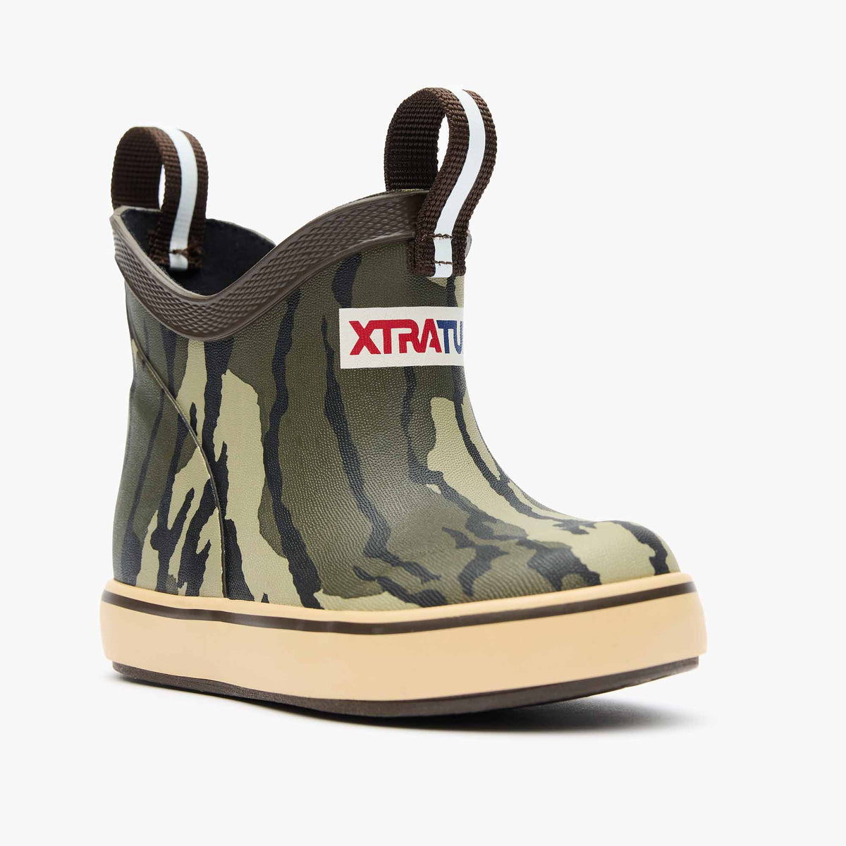Kids' Mossy Oak Bottomland XTRATUF Ankle Deck Boot in camouflage pattern, side view on a white background.