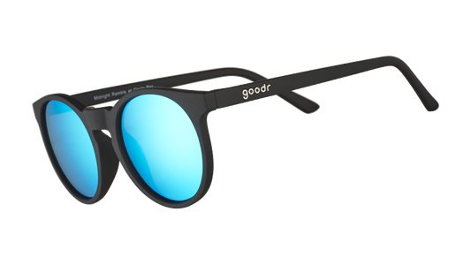 goodr Midnight Ramble at the Circle Bar sunglasses with matte black frames and vibrant blue mirrored lenses