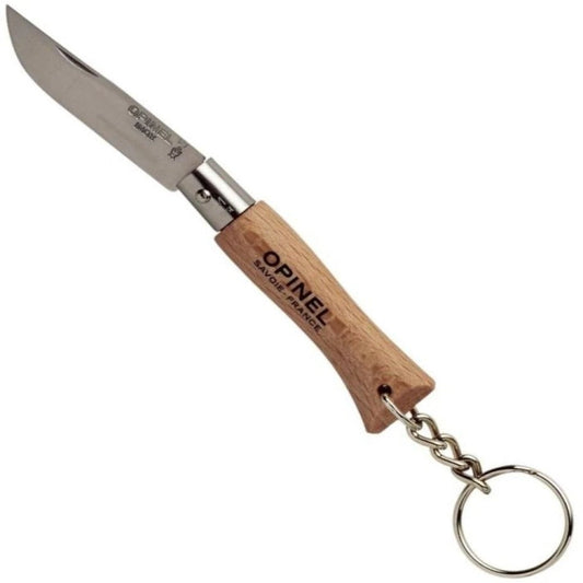 Opinel No.04 Keyring Stainless Steel Knife with open blade and natural wood handle, on a white background.