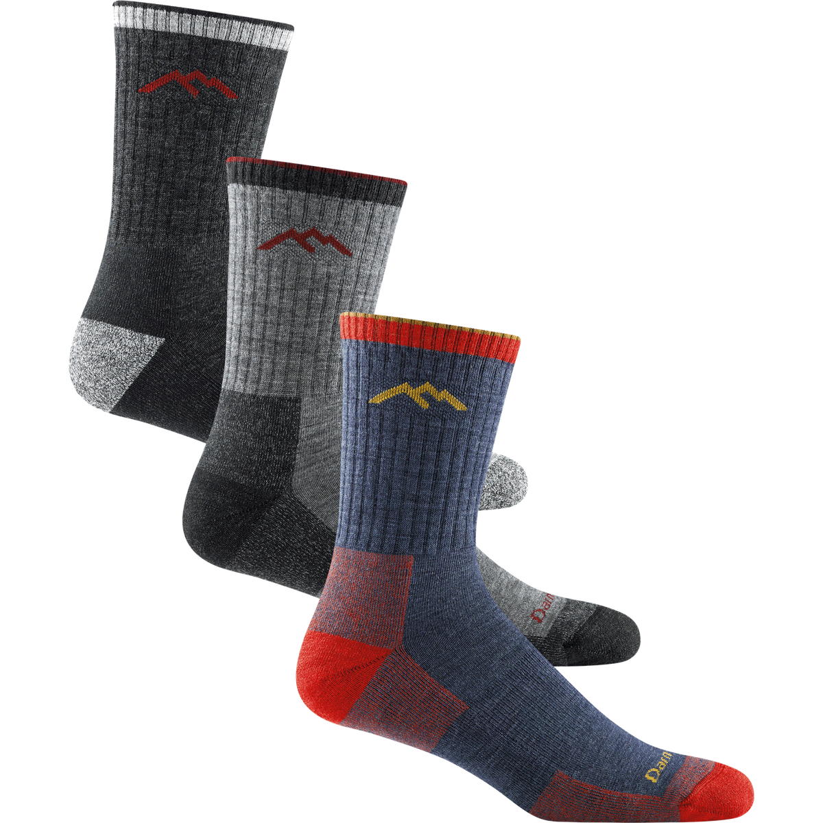 Three pairs of Darn Tough Men's Hiker Micro Crew Socks: black, gray, and blue, featuring red and yellow details.