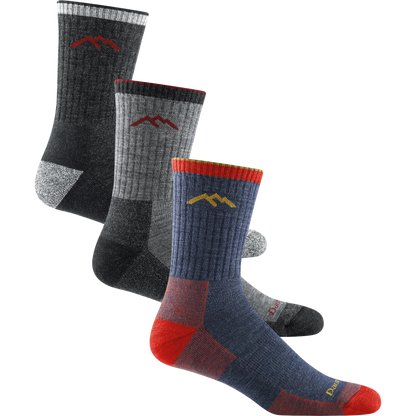 Three pairs of Darn Tough Men's Hiker Micro Crew Socks: black, gray, and blue, featuring red and yellow details.