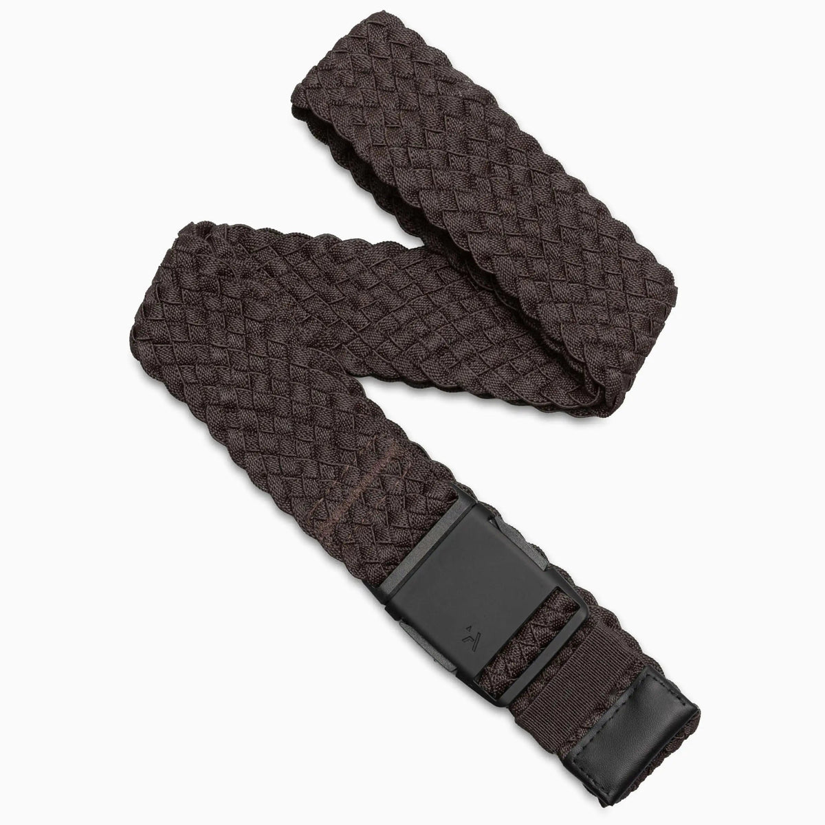 Arcade Belts Futureweave Stretch Belt, brown braided design with black buckle and tip, on white background.