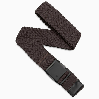 Arcade Belts Futureweave Stretch Belt, brown braided design with black buckle and tip, on white background.
