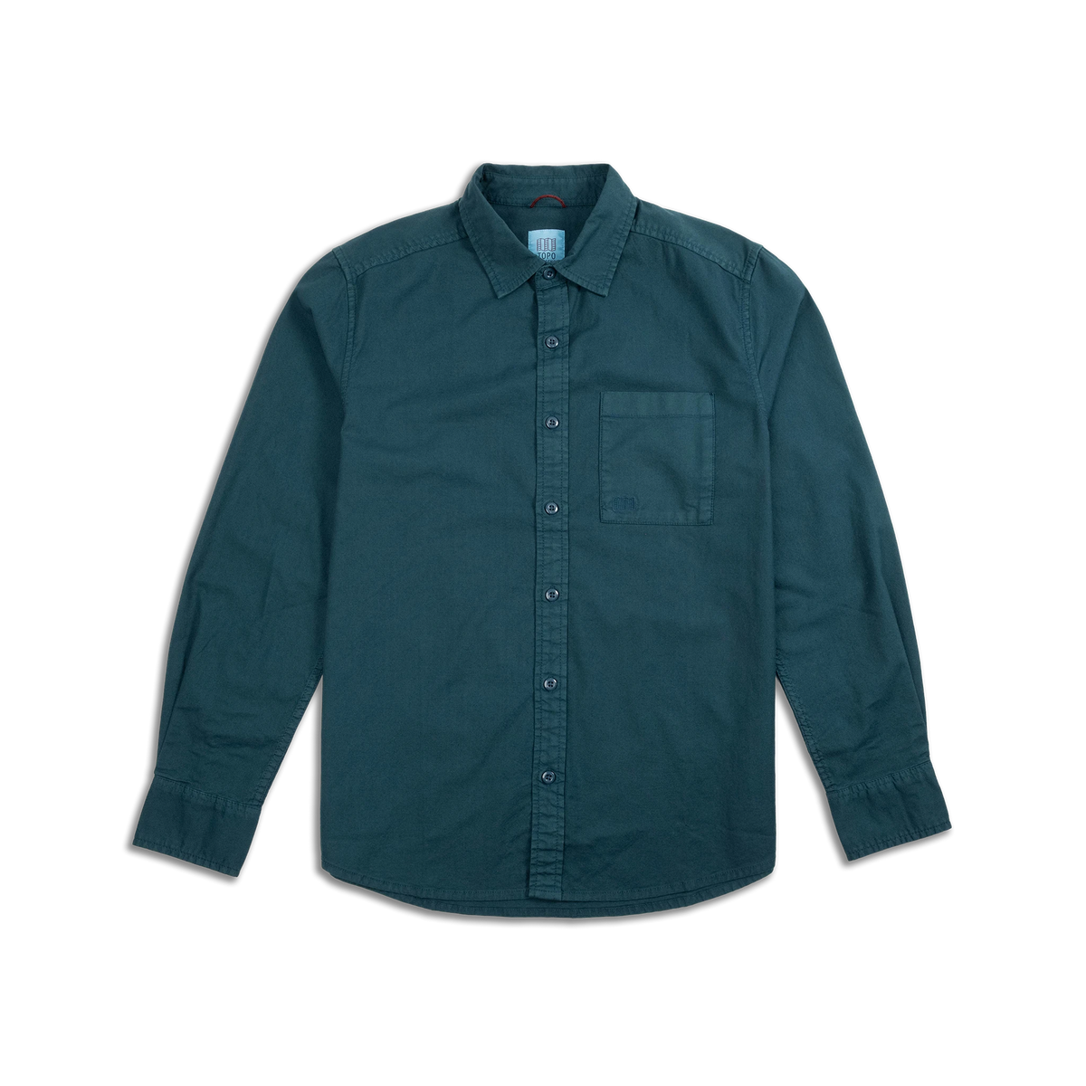 Topo Designs Men's Desert Shirt in dark teal, a long-sleeve button-up with a collar and chest pocket.