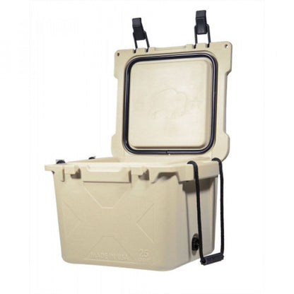 Tan 25 QT Bison Cooler by Bison Coolers with lid open, showing interior and Made in USA text on side.