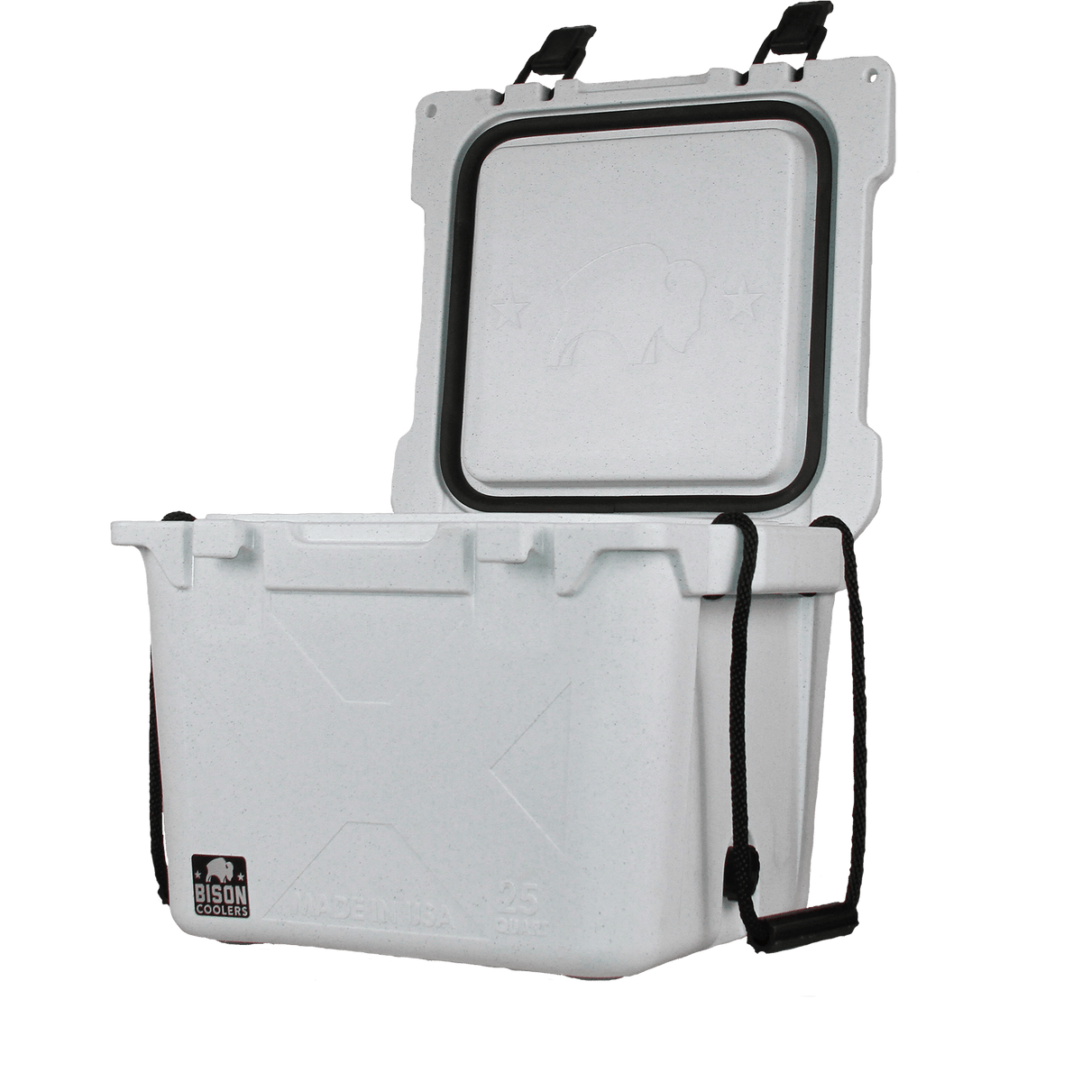 25 QT Bison Cooler by Bison Coolers, open, white with black trim and rope handle, Made in USA