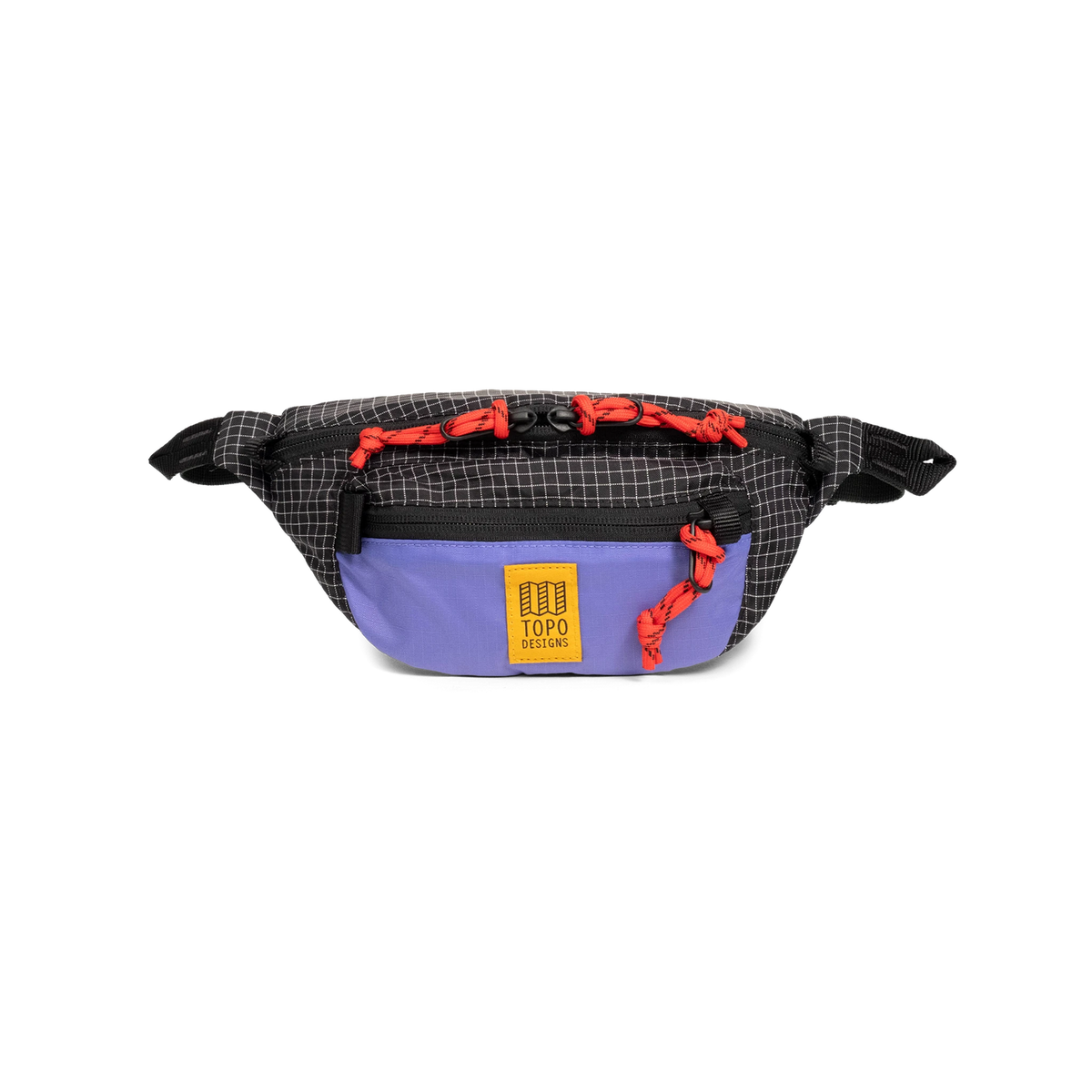 Topo Designs Mountain Waist Pack in black grid pattern with a purple front pocket, red zipper pulls, and yellow brand logo.