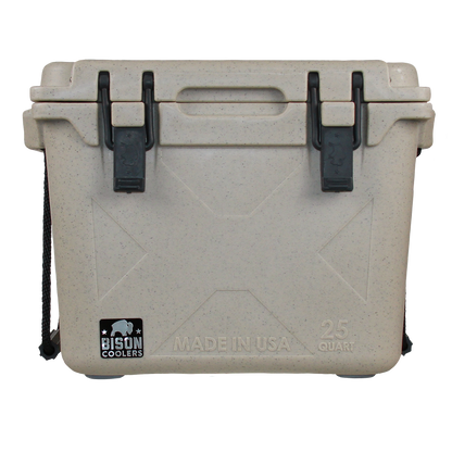 Light tan 25 QT Bison Cooler with black latches and handles, featuring the Bison Coolers logo. Made in USA.