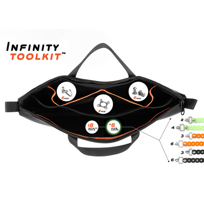 Infinity Toolkit™ | MODL open bag revealing 18 tools including hooks, hex tools, studs, and 6 glow loops in various colors.