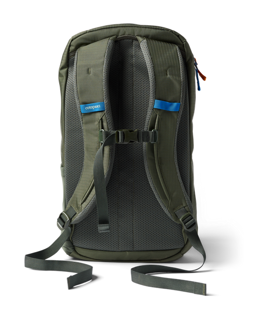 Cotopaxi Allpa Mini 20L Travel Pack, back view showing padded shoulder straps, chest strap, and olive green color.