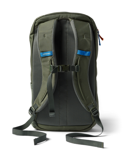 Cotopaxi Allpa Mini 20L Travel Pack, back view showing padded shoulder straps, chest strap, and olive green color.