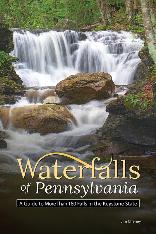 Waterfalls of Pennsylvania book cover featuring a serene multi-tiered waterfall cascading over rocks in a green forest.