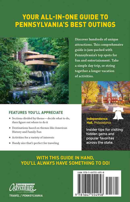 Media Mercantile's Pennsylvania Day Trips guide back, featuring Fallingwater, Independence Hall, attractions, and travel tips.