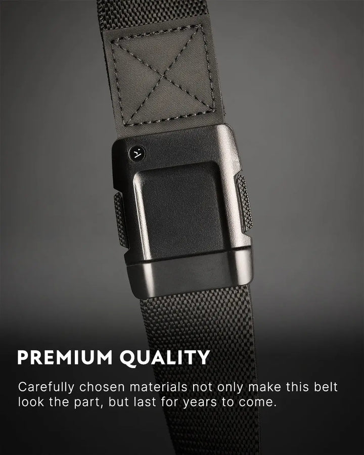 Close-up of black Motion Stretch Belt by Arcade Belts, showing its premium quality buckle and durable fabric.