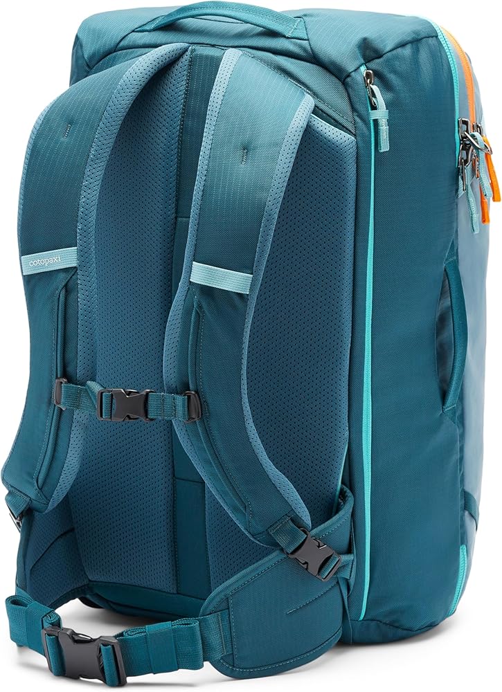 Back view of the Cotopaxi Allpa 35L Travel Pack in teal blue, showing padded shoulder straps, hip belt, and sternum strap.