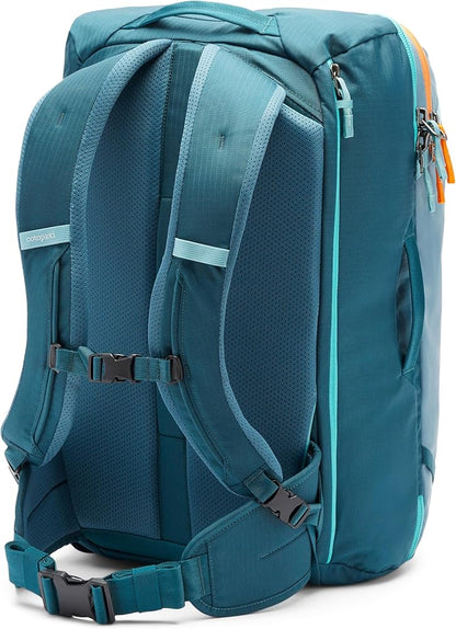 Back view of the Cotopaxi Allpa 35L Travel Pack in teal blue, showing padded shoulder straps, hip belt, and sternum strap.