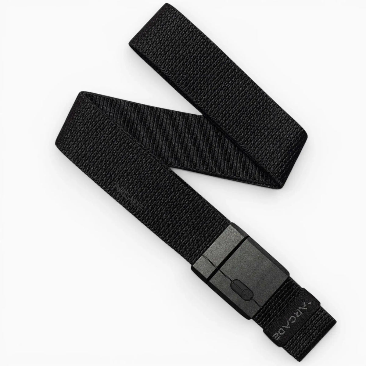 Black Aero Mag Stretch Belt by Arcade Belts, featuring a magnetic buckle and elastic fabric texture.