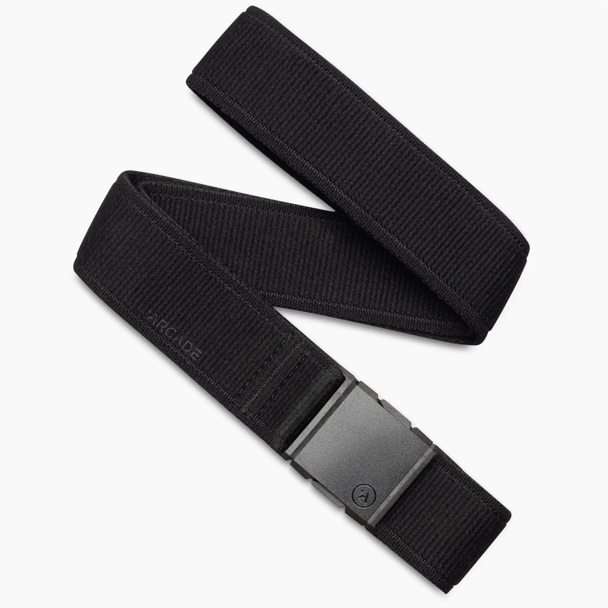 Arcade Atlas Stretch Belt in black, with a black buckle and the Arcade logo visible on the woven fabric.