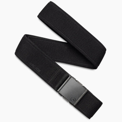 Arcade Atlas Stretch Belt in black, with a black buckle and the Arcade logo visible on the woven fabric.