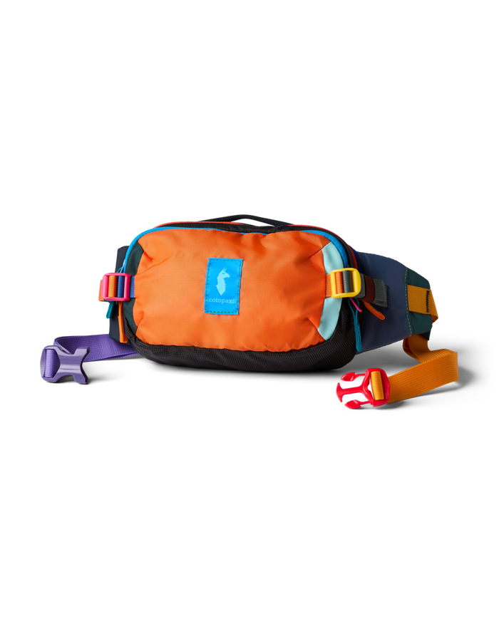 Cotopaxi Allpa X 1.5L Hip Pack, multi-colored fanny pack with orange body and colorful straps and buckles