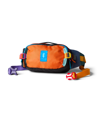 Cotopaxi Allpa X 1.5L Hip Pack, multi-colored fanny pack with orange body and colorful straps and buckles
