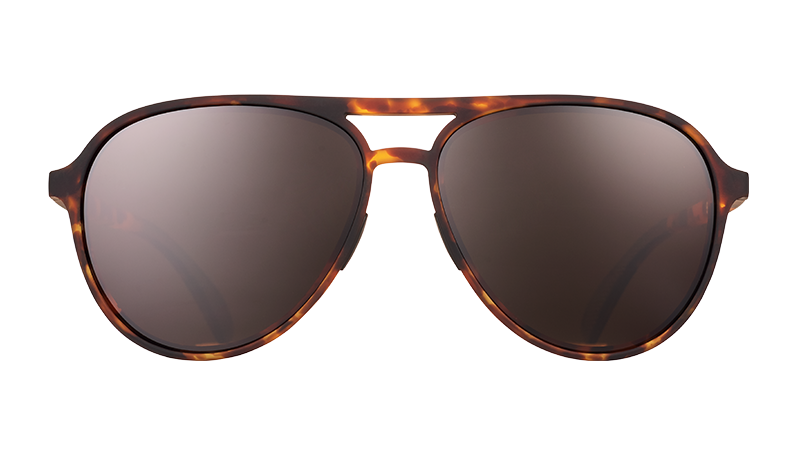 Amelia Earhart Ghosted Me goodr sunglasses. Tortoise shell aviator frame with dark brown lenses on a white background.