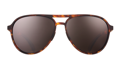 Amelia Earhart Ghosted Me goodr sunglasses. Tortoise shell aviator frame with dark brown lenses on a white background.