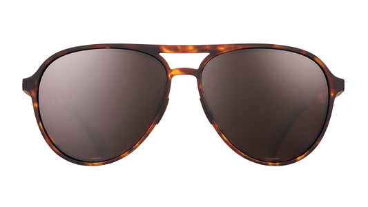 Amelia Earhart Ghosted Me goodr sunglasses. Tortoise shell aviator frame with dark brown lenses on a white background.