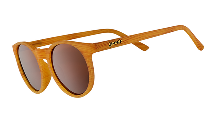 goodr Bodhi's Ultimate Ride sunglasses with light wood-grain frames and brown lenses, angled view